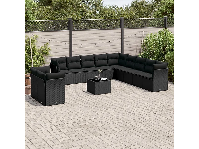 Set Divani da Giardino 12 pz con Cuscini Nero in Polyrattan