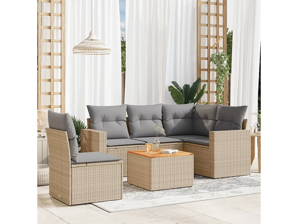 6-delige Loungeset met kussens poly rattan gemengd beige