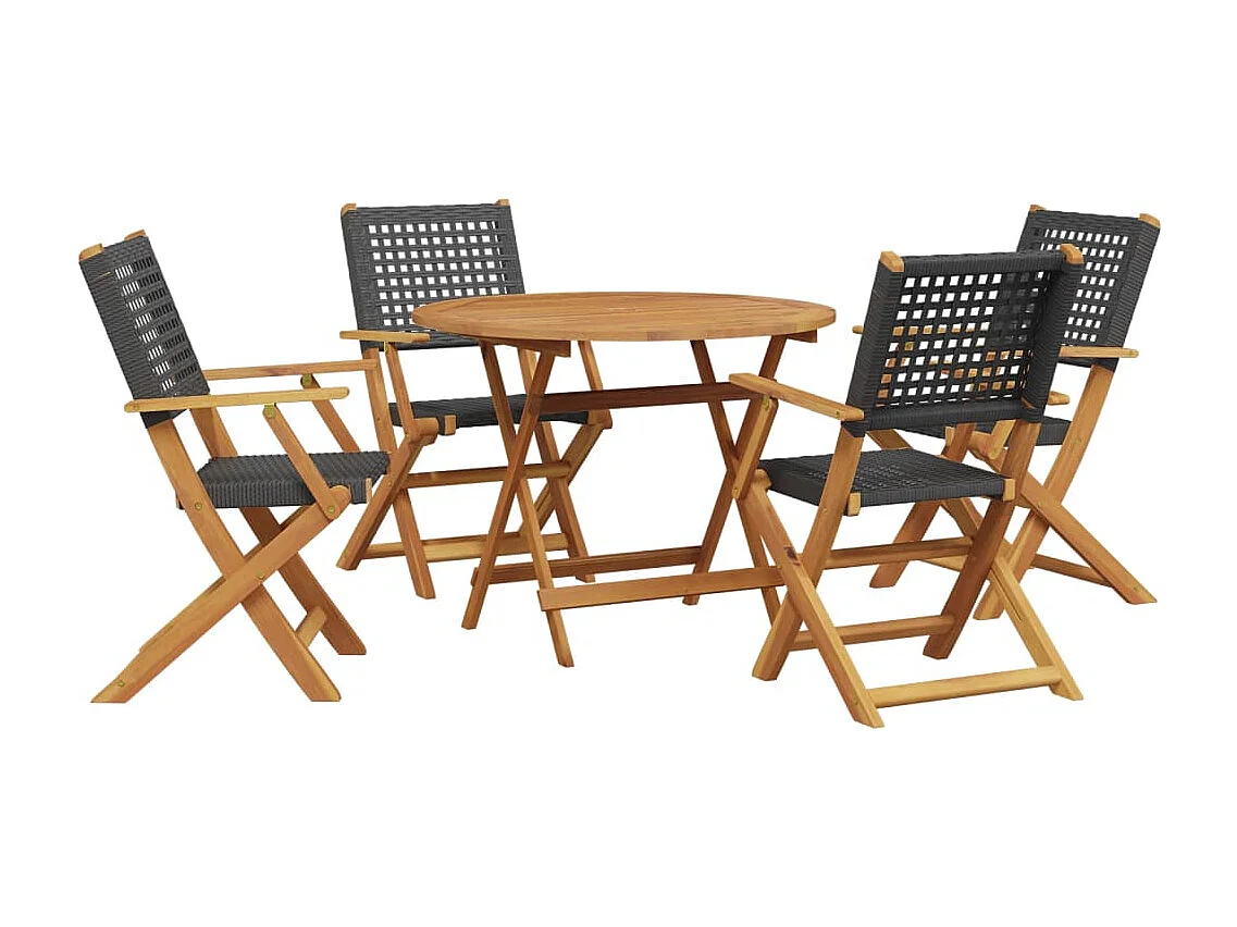 Set da Pranzo per Giardino 5pz Nero Polyrattan e Legno Massello