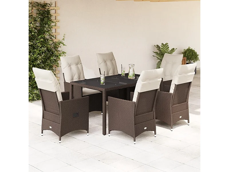 Ensemble à manger de jardin et coussins 7 pcs marron rotin