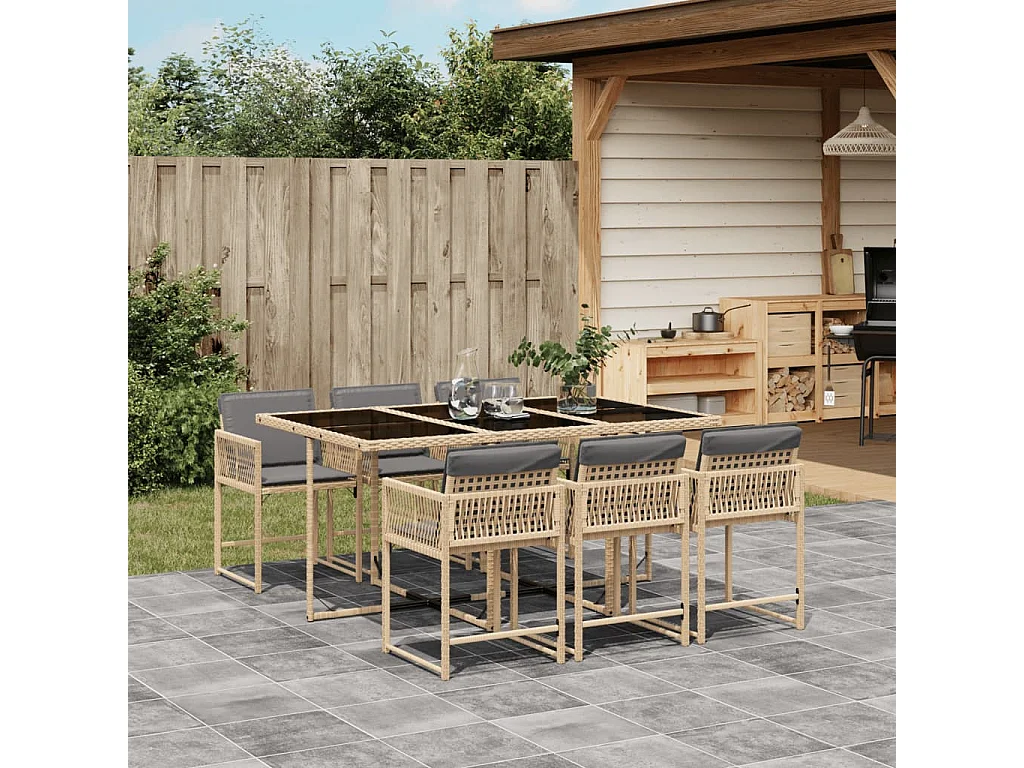 7-tlg. Garten-Essgruppe mit Kissen Beigemischung Poly Rattan