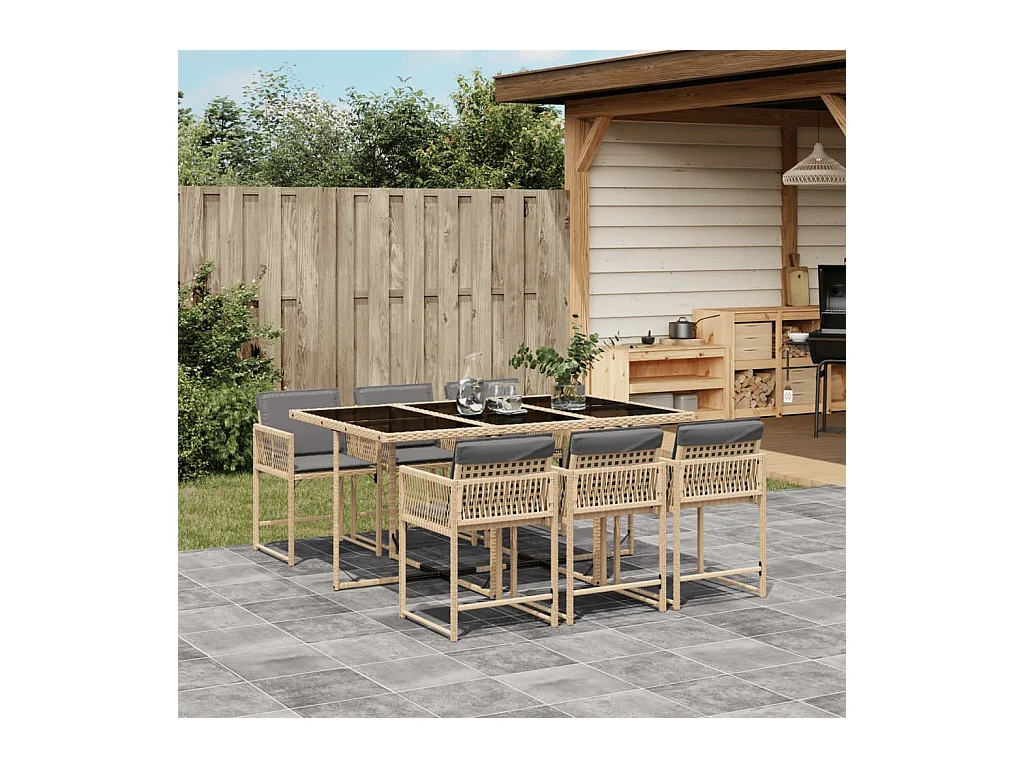 Set Pranzo da Giardino 7 pz con Cuscini Beige Misto Polyrattan