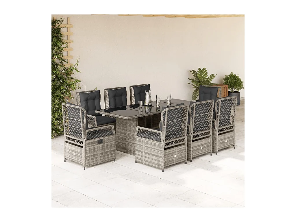 Set da Pranzo da Giardino 9 pz con Cuscini in Polyrattan Grigio