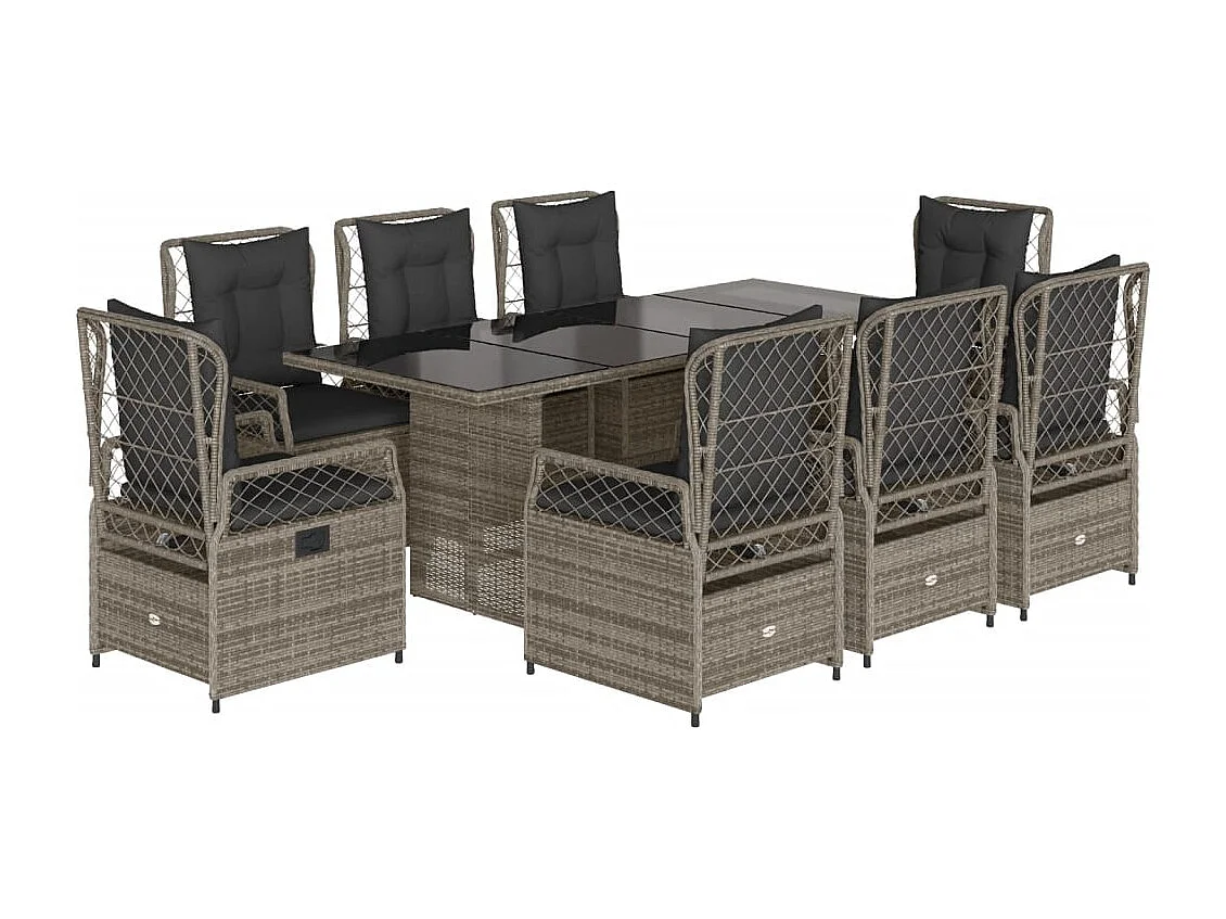 Set comedor jardín 9 pzas y cojines ratán sintético gris