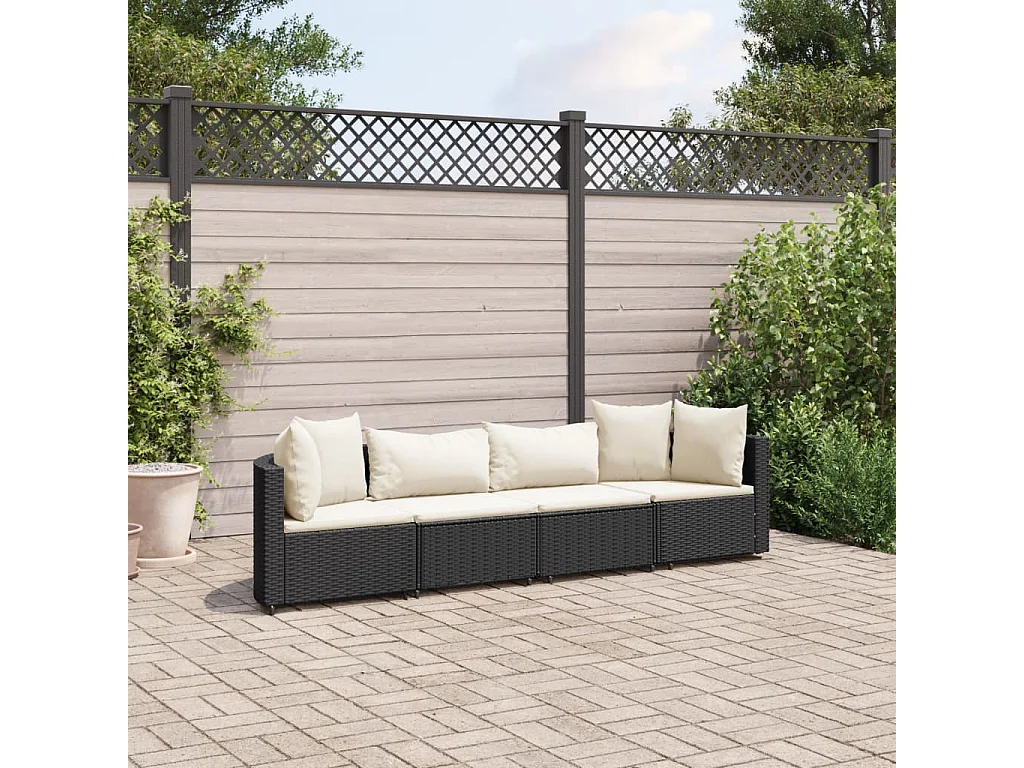 Salon de jardin 4 pcs avec coussins noir résine tressée