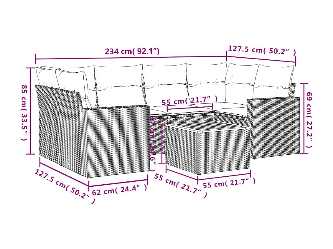 7 pcs conjunto sofás p/ jardim c/ almofadões vime PE cinzento