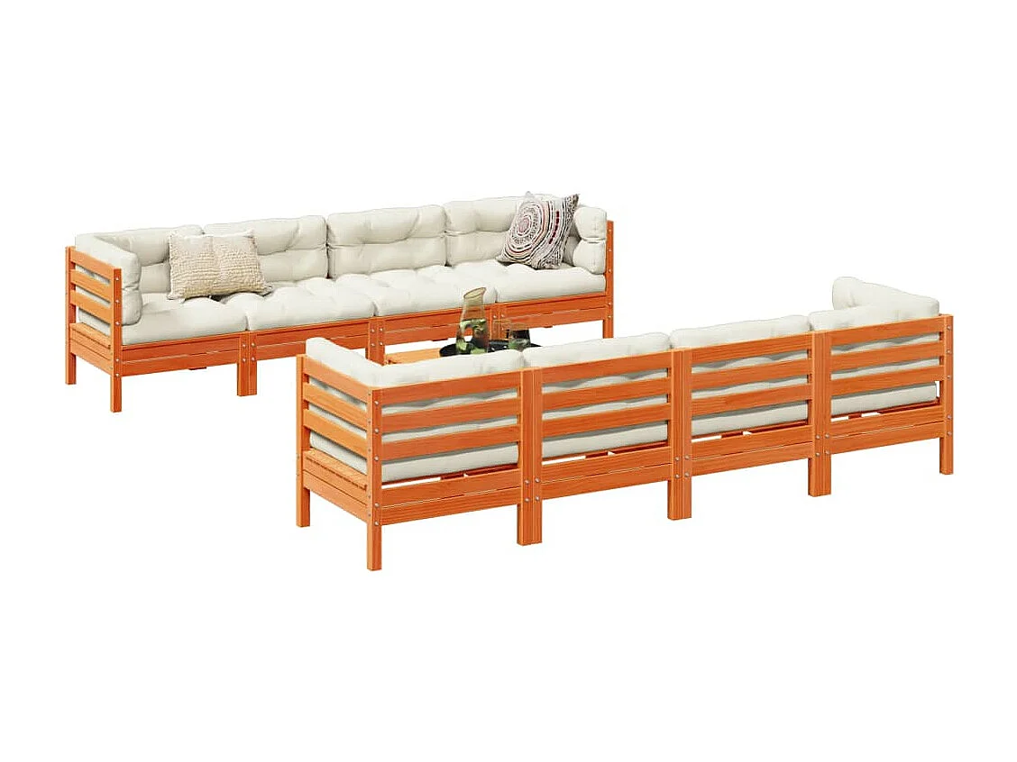 Set Divani Giardino 9 pz con Cuscini Marrone Cera Massello Pino