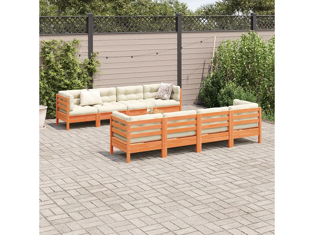 Set Divani Giardino 9 pz con Cuscini Marrone Cera Massello Pino