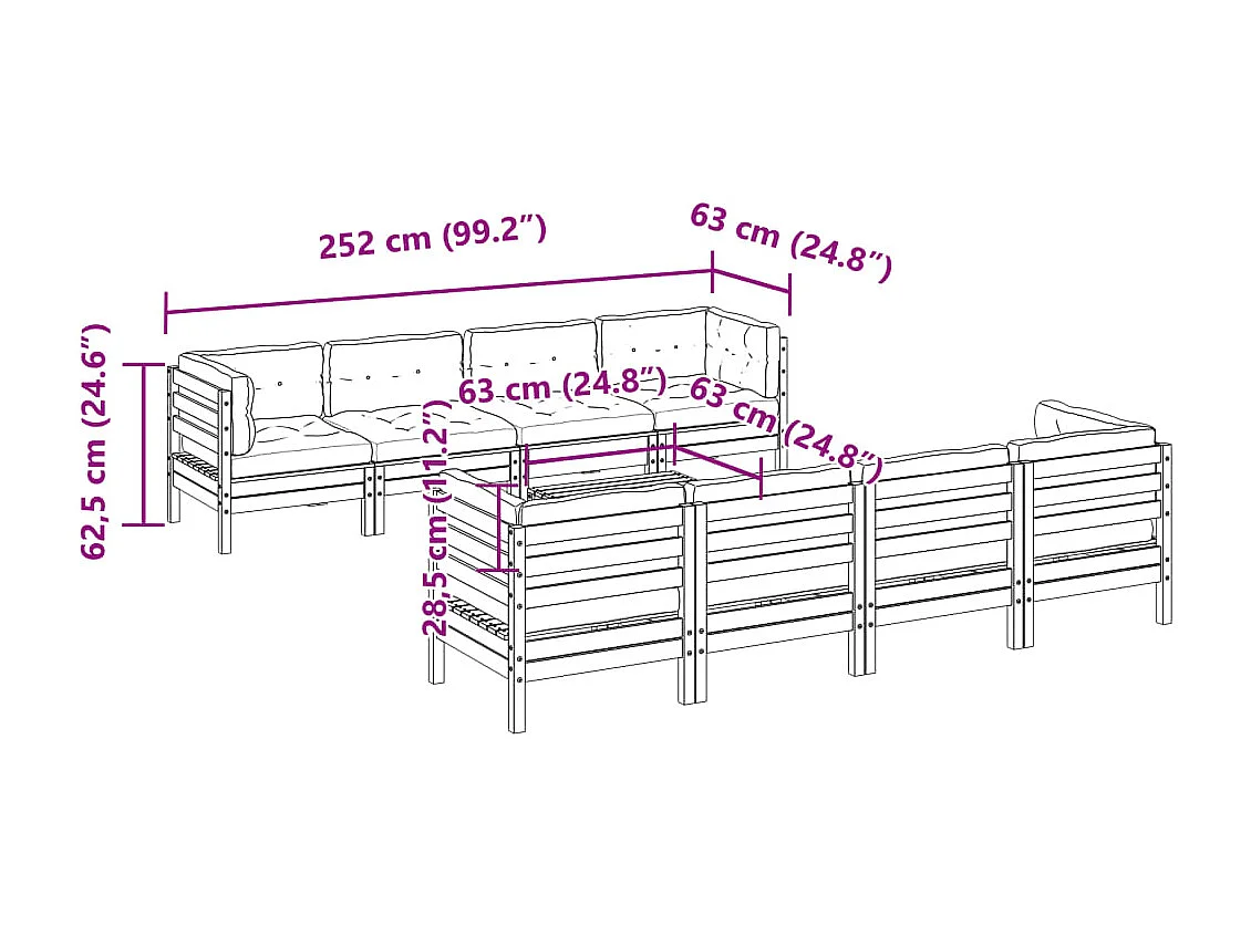 Set Divani Giardino 9 pz con Cuscini Marrone Cera Massello Pino