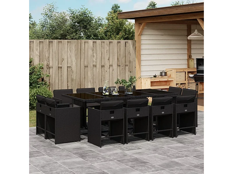13 pcs conjunto de jantar p/jardim com almofadões vime PE preto