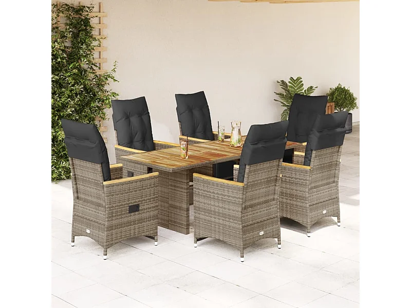 7-tlg. Garten-Bistro-Set mit Kissen Grau Poly Rattan