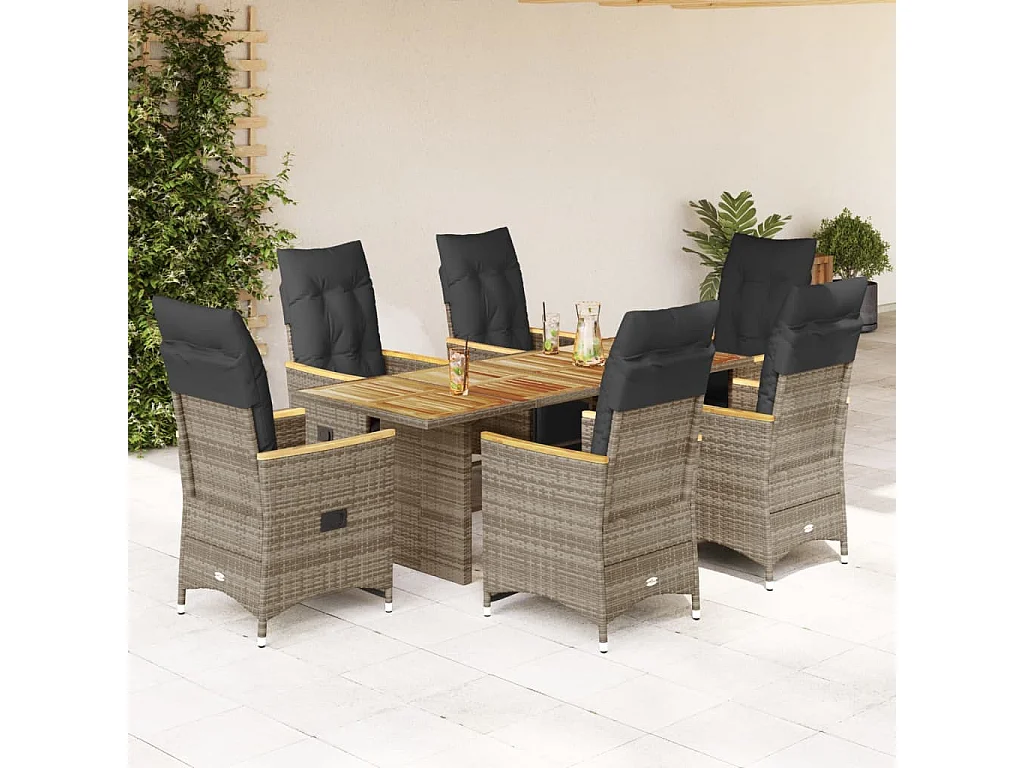 Set Bistrò da Giardino 7 pz con Cuscini in Polyrattan Grigio