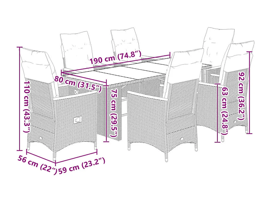 Set Bistrò da Giardino 7 pz con Cuscini in Polyrattan Grigio
