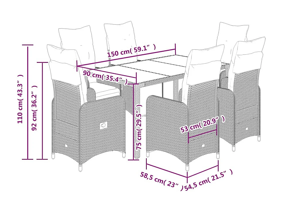 Ensemble de bistro de jardin 7 pcs coussins marron poly rotin