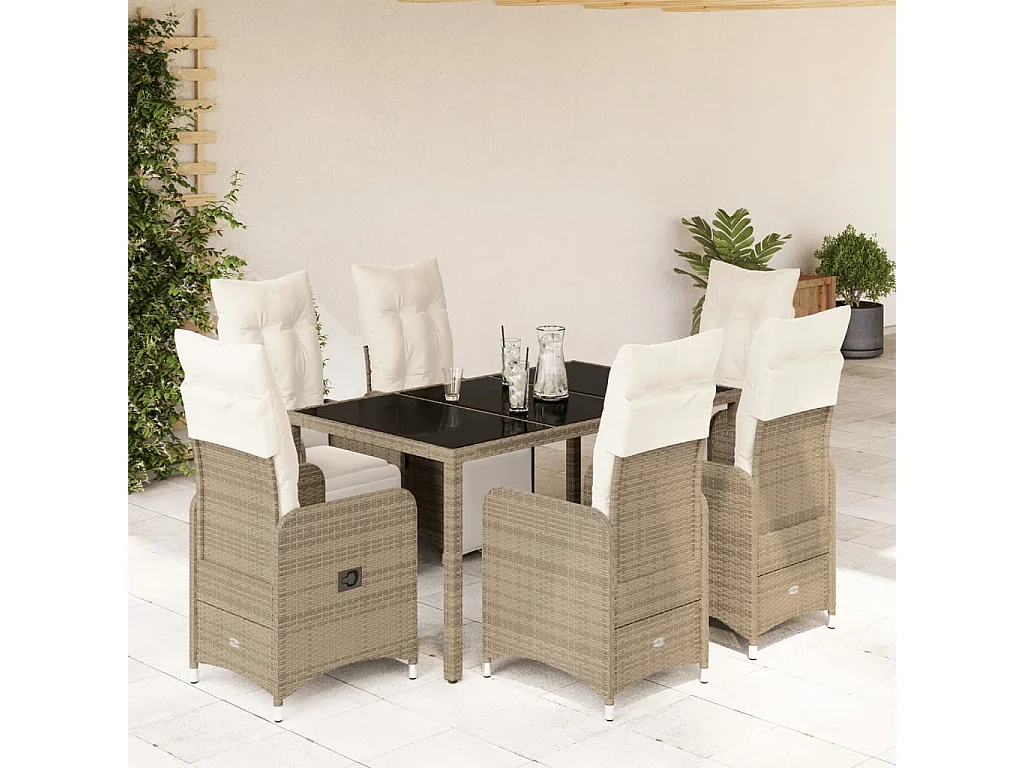 7 pcs conjunto bistrô de jardim c/ almofadões vime PE castanho