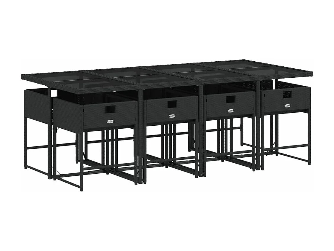 9 pcs conjunto de jantar p/ jardim c/ almofadões vime PE preto