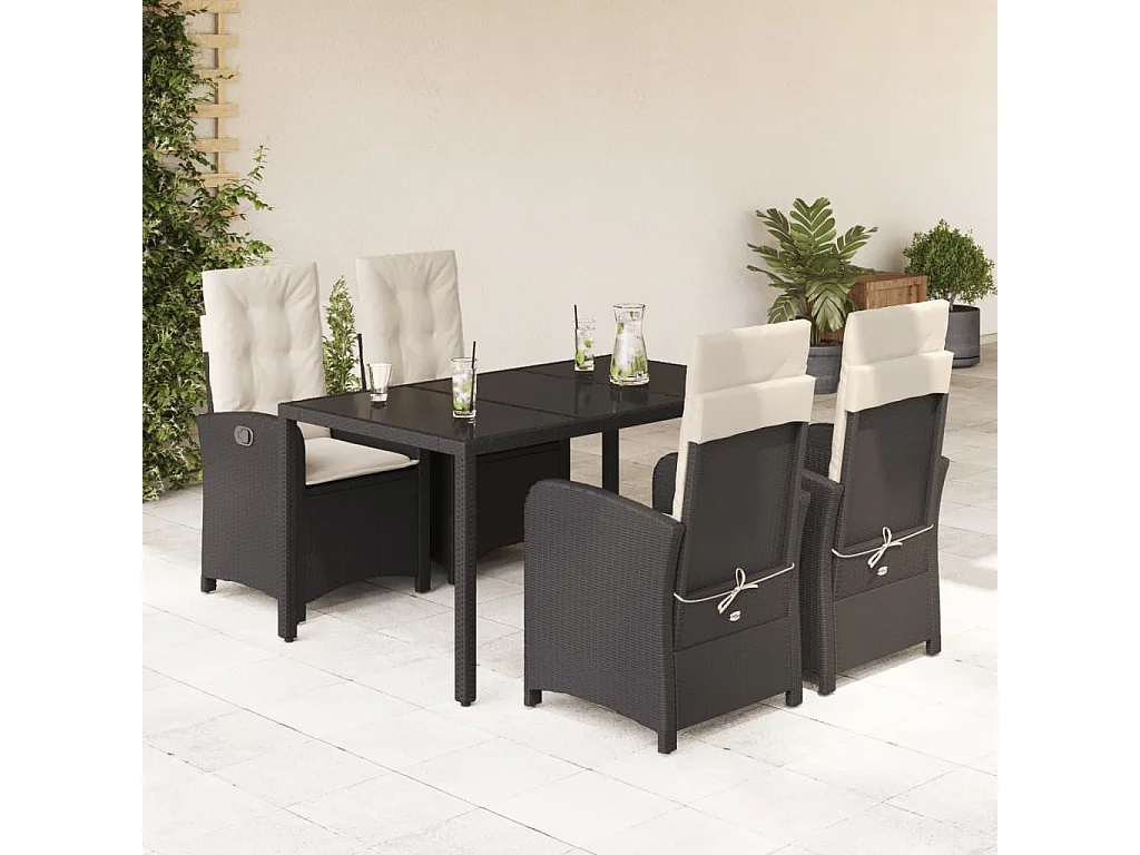 5-tlg. Garten-Essgruppe mit Kissen Schwarz Poly Rattan