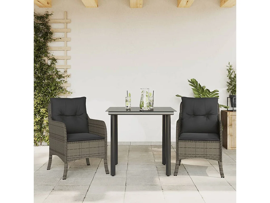 3-tlg. Garten-Essgruppe mit Kissen Grau Poly Rattan