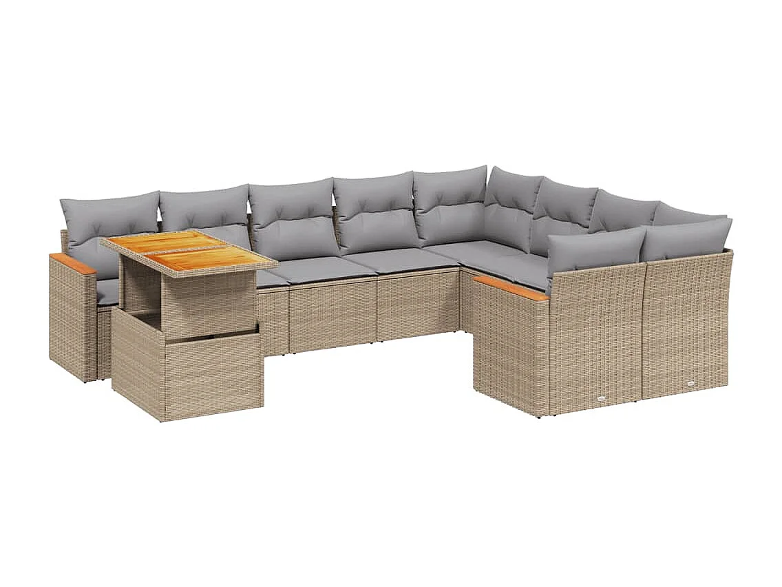 10-delige Loungeset met kussens poly rattan beige