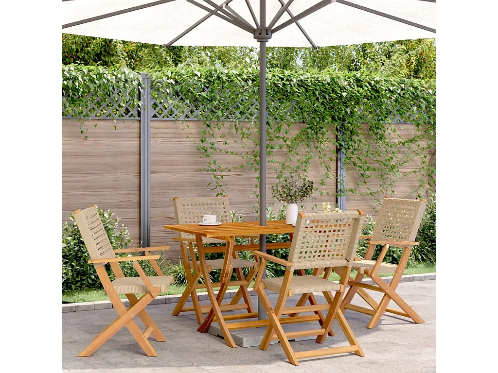 5pcs conjunto de jantar p/ jardim vime PE/ madeira maciça bege