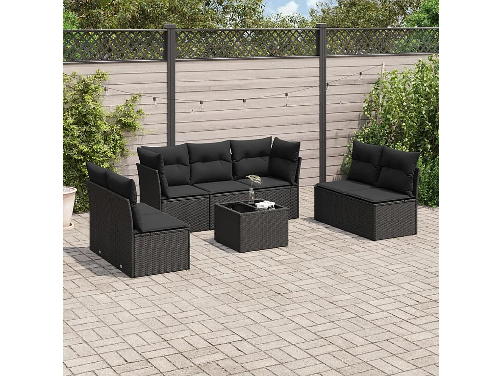 Salon de jardin 8 pcs avec coussins noir résine tressée