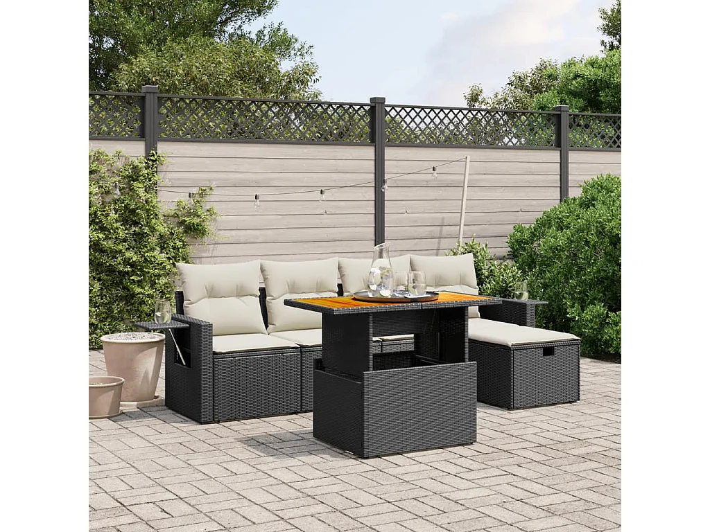 Salon de jardin 6 pcs avec coussins noir résine tressée