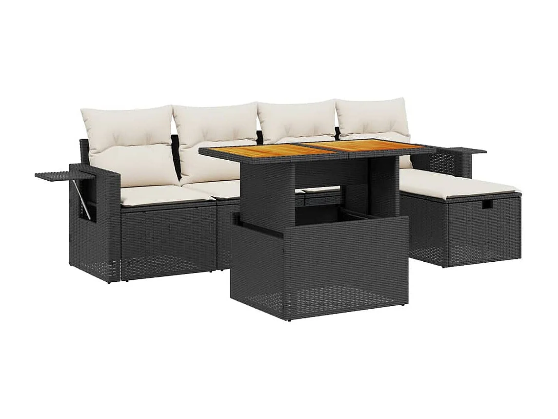 Salon de jardin 6 pcs avec coussins noir résine tressée