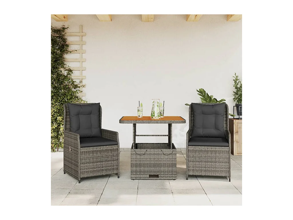 Set da Bistrò 3 pz con Cuscini Grigio in Polyrattan