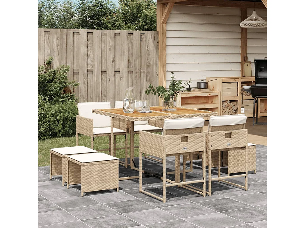 Ensemble à manger de jardin et coussins 9 pcs beige Poly rotin