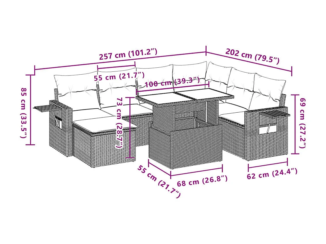 Salon de jardin 8 pcs avec coussins marron résine tressée