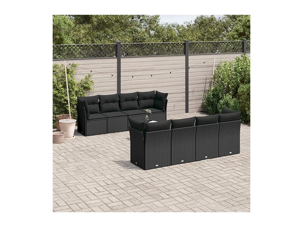 Salon de jardin 9 pcs avec coussins noir résine tressée