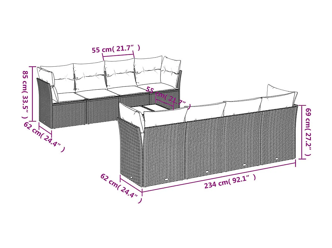 9 pcs conjunto de sofás p/ jardim c/ almofadões vime PE preto