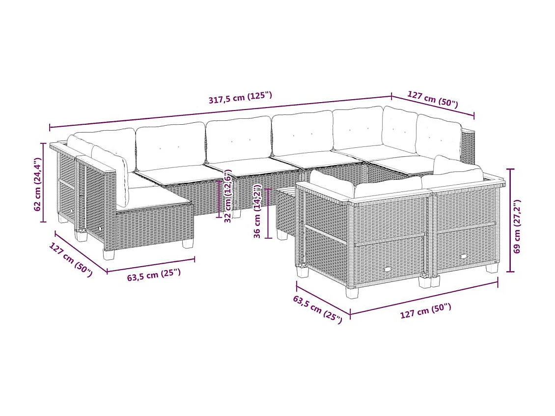Set Divano da Giardino 10 pz con Cuscini Grigio in Polyrattan