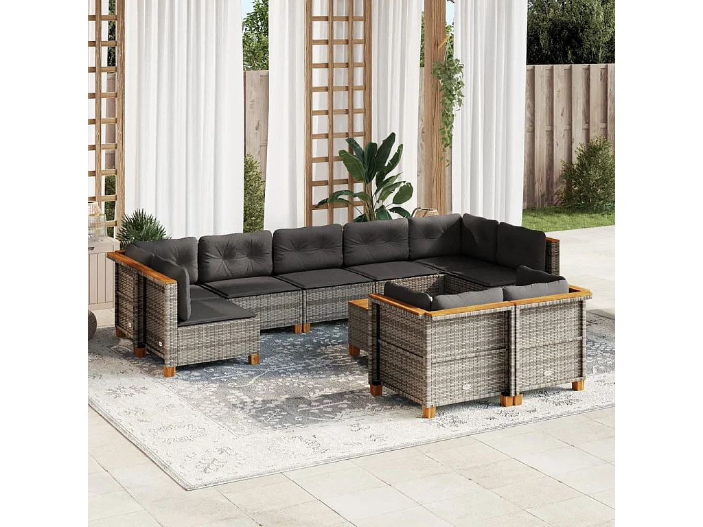 Salon de jardin avec coussins 10 pcs gris résine tressée