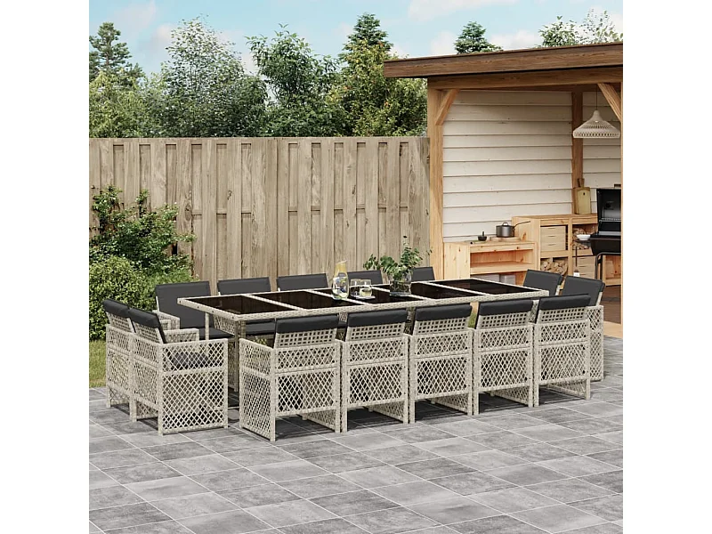 15-tlg. Garten-Essgruppe mit Kissen Hellgrau Poly Rattan