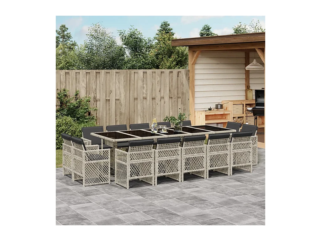 Ensemble à manger de jardin et coussins 15 pcs gris clair rotin