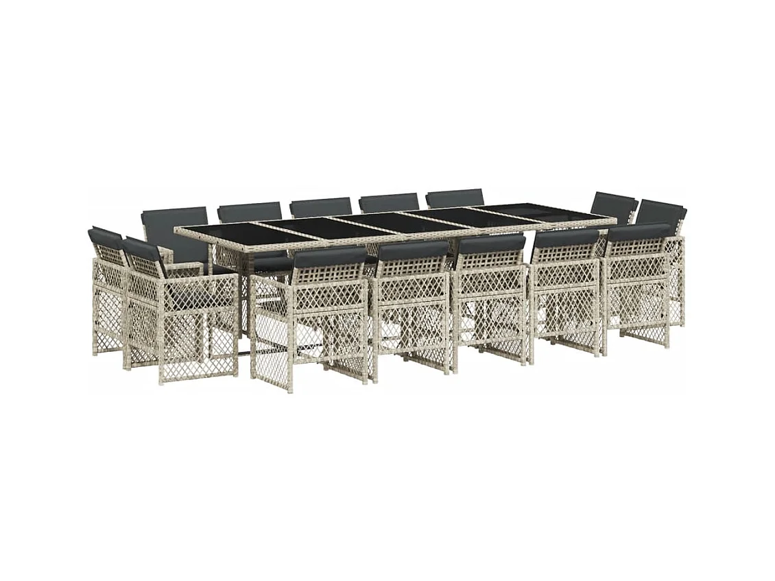 15-tlg. Garten-Essgruppe mit Kissen Hellgrau Poly Rattan