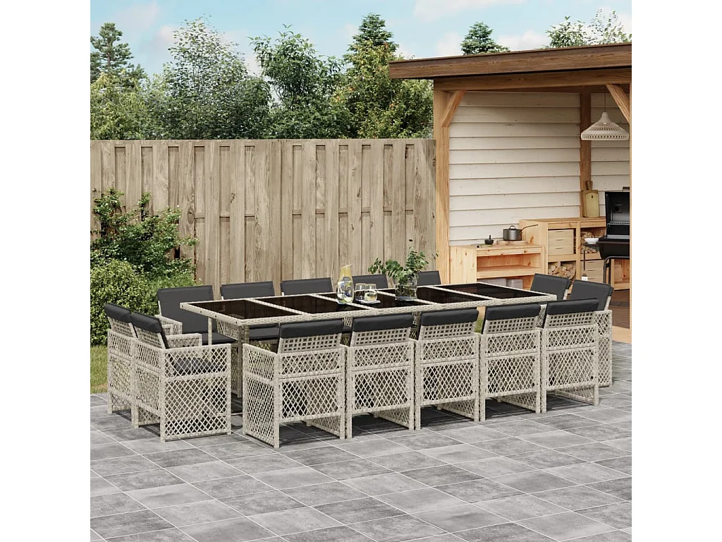 Set da Pranzo da Giardino 15 pz con Cuscini Grigio Polyrattan