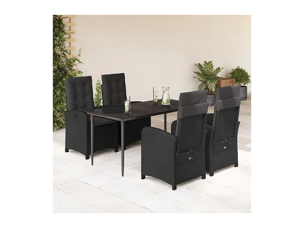 5-tlg. Garten-Essgruppe mit Kissen Schwarz Poly Rattan