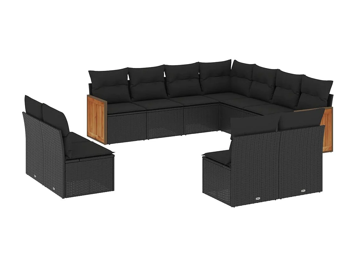 Salon de jardin 11 pcs avec coussins noir résine tressée