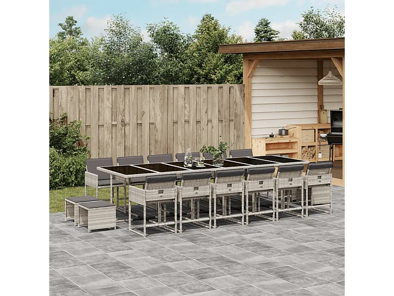 Set da Pranzo da Giardino 17pz con Cuscini Grigio in Polyrattan