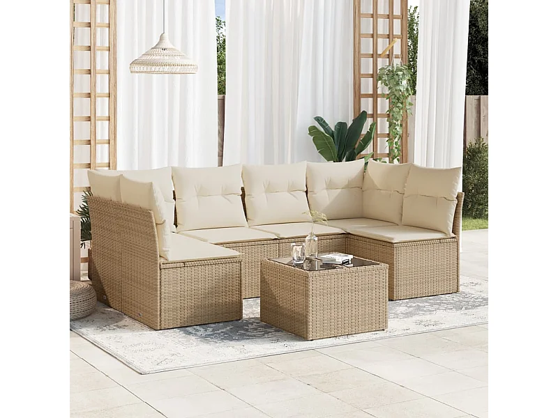 7 pcs conjunto de sofás p/ jardim com almofadões vime PE bege