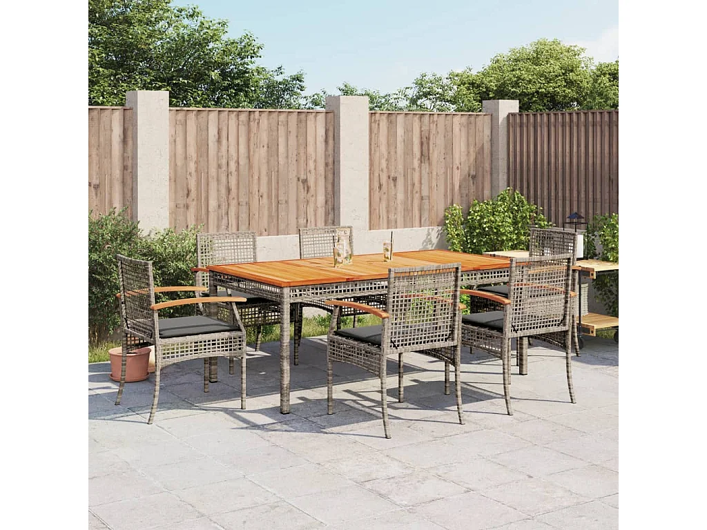 Set comedor jardín 7 pzas y cojines ratán sintético gris