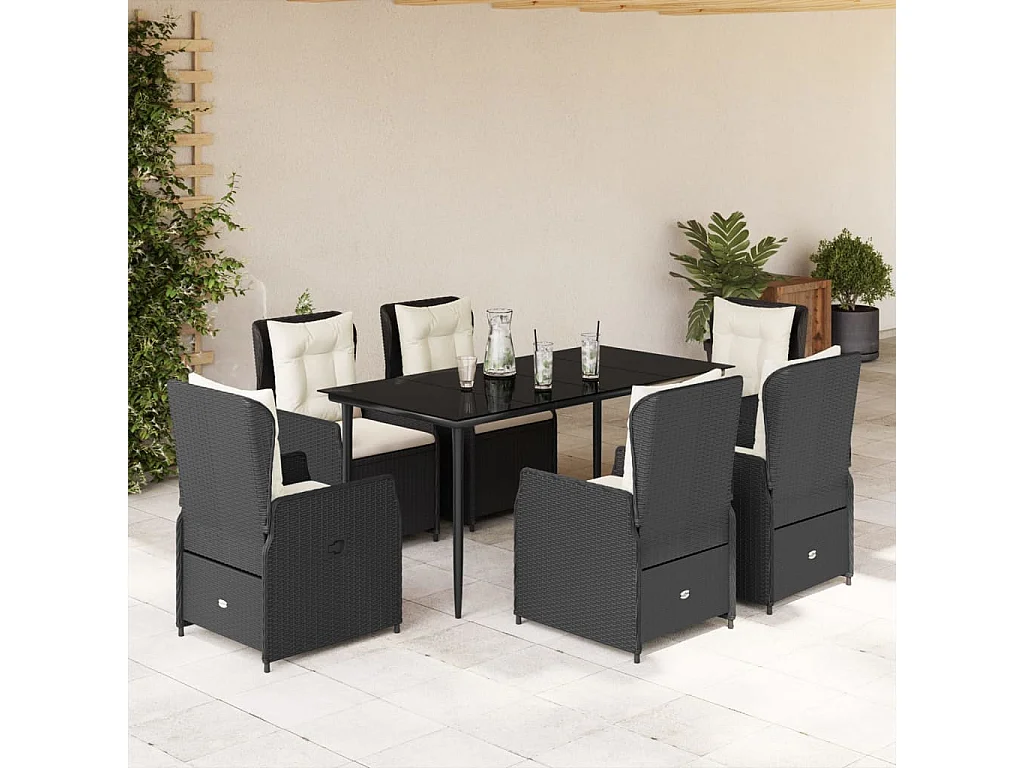 Ensemble à manger de jardin coussins 7pcs Noir Résine tressée