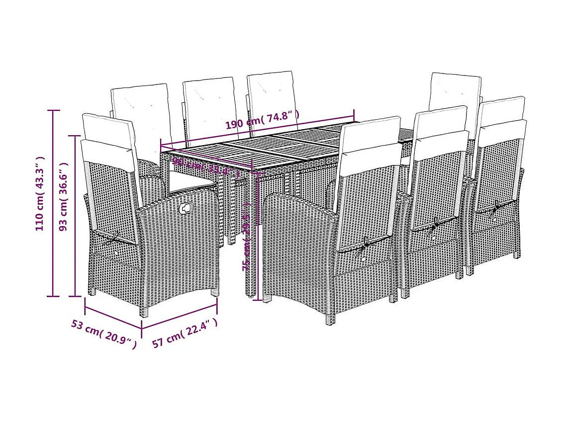 Set comedor jardín 9 pzas y cojines ratán sintético gris