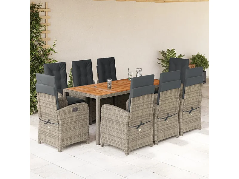 Set comedor jardín 9 pzas y cojines ratán sintético gris