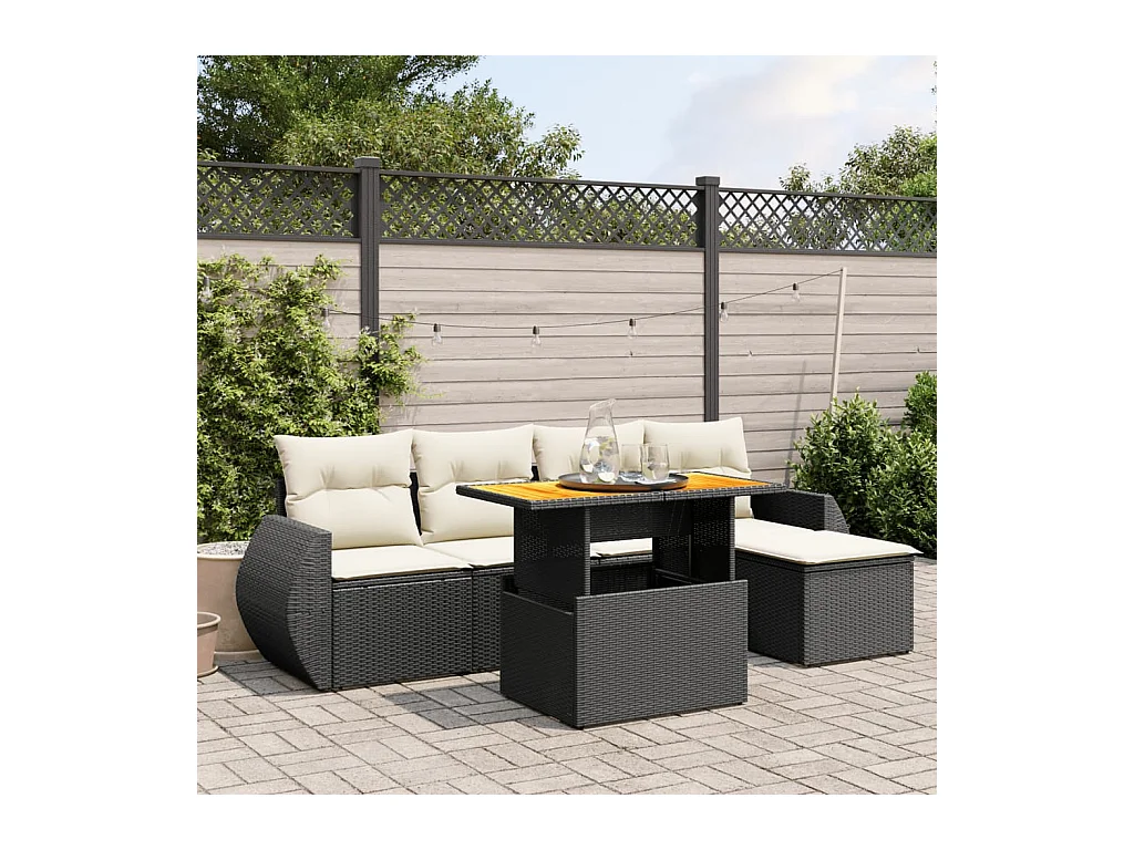 Salon de jardin 6 pcs avec coussins noir résine tressée