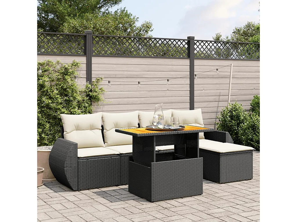 6-tlg. Garten-Sofagarnitur mit Kissen Schwarz Poly Rattan
