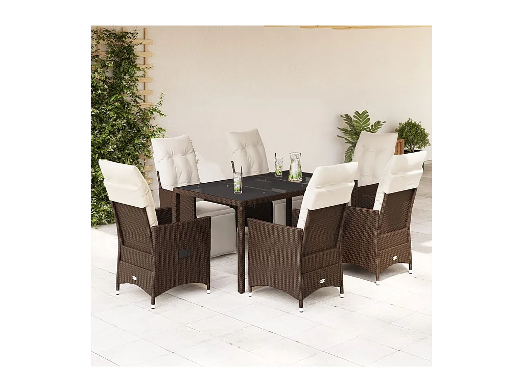 Ensemble de bistro de jardin 7 pcs coussins marron poly rotin