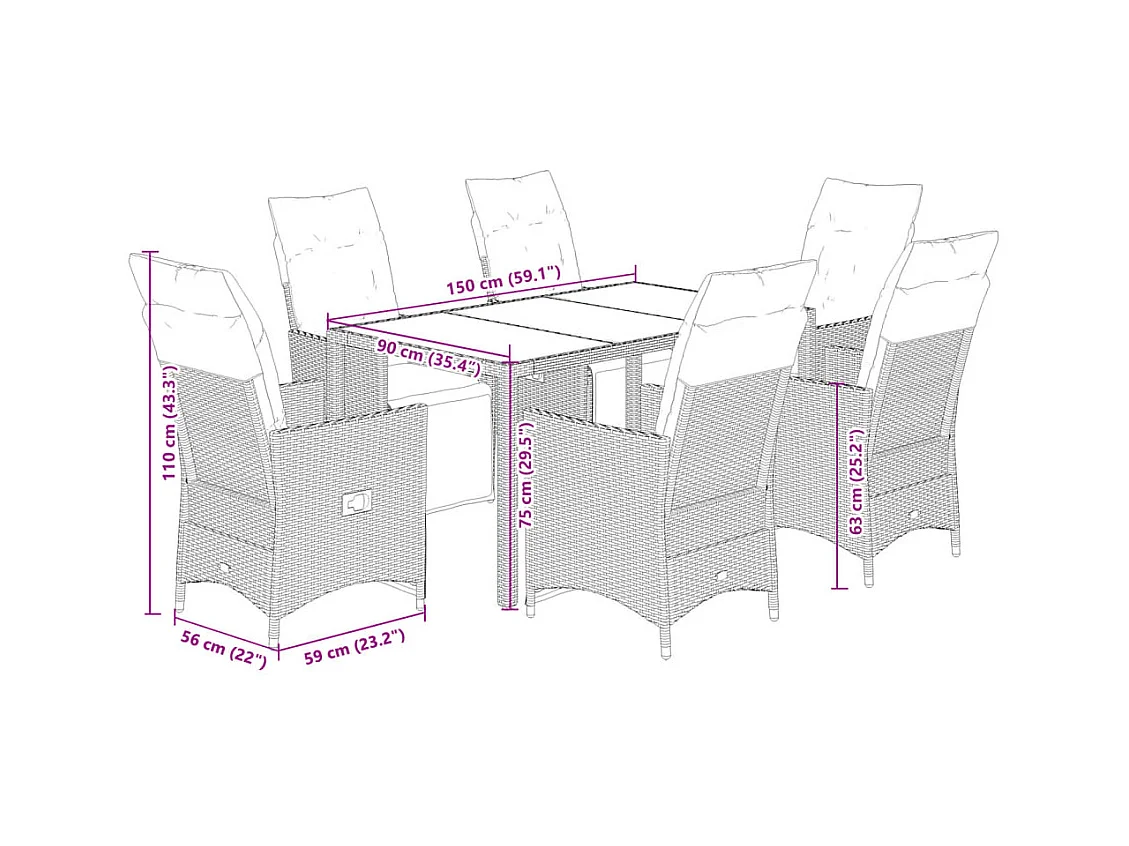 Ensemble de bistro de jardin 7 pcs coussins marron poly rotin